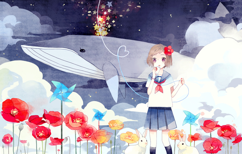 bunny flower hair_flower hair_ornament heart mig_(36th_underground) original school_uniform solo star whale