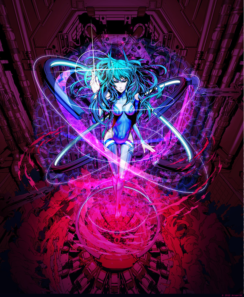 absurdres aqua_eyes aqua_hair arsenixc bare_shoulders bodysuit collider-sama_(arsenixc) highres hips large_hadron_collider legs long_hair navel original otacool russia solo