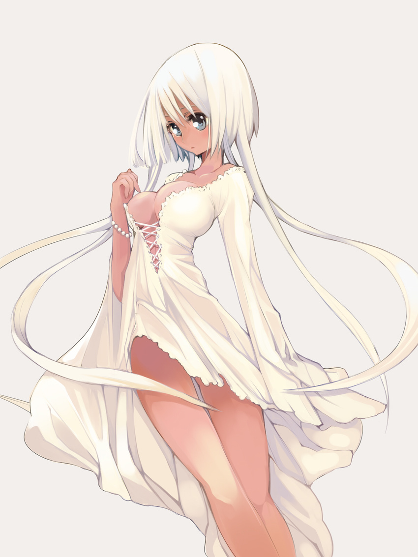 blue_eyes blush breasts cleavage dark_skin highres long_hair medium_breasts no_bra original saibashi simple_background solo very_long_hair white_hair