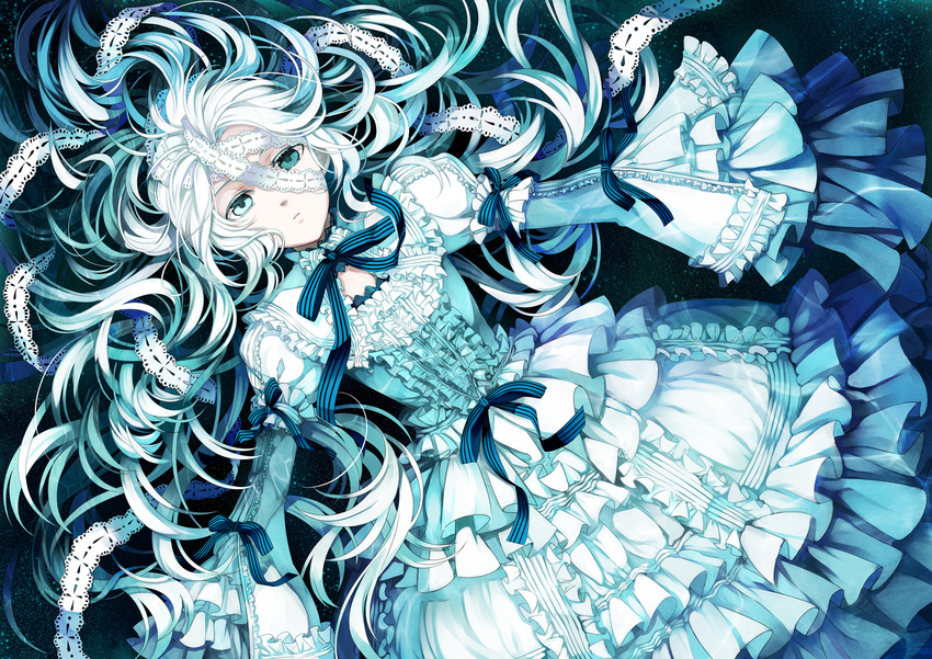 dress frills gathers gothic_lolita heterochromia highres lace lolita_fashion original osamu_(jagabata) ribbon solo too_many too_many_frills water white_hair