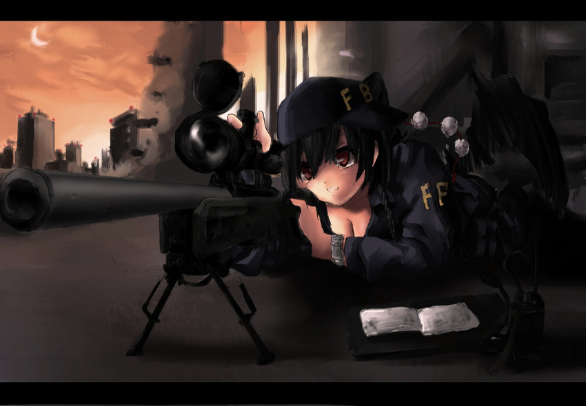 bad_id bad_pixiv_id baseball_cap bipod black_hair breasts cleavage fbi gun hat koh_(minagi_kou) letterboxed looking_up medium_breasts radio red_eyes rifle scope shameimaru_aya smile sniper sniper_rifle solo sunset touhou weapon wings