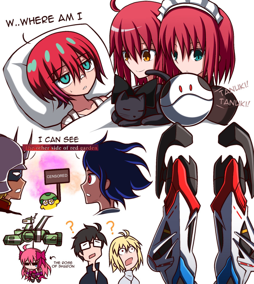 3boys 4girls ? ahoge amate_yuzuriha antenna_hair apron arcueid_brunestud arrow_(symbol) black_bow black_hair blonde_hair blue_eyes blue_hair bow cat char_aznable commentary crossover dead_apostle_noel_(tsukihime) english_commentary english_text glasses gundam gundam_gquuuuuux haro highres hisui_(tsukihime) holding holding_sign jacket kagetsu_tooya kohaku_(tsukihime) len_(cat)_(tsukihime) len_(tsukihime) maid maid_apron maid_headdress mask military military_uniform multiple_boys multiple_girls nasu_kinoko noel_(tsukihime) puffy_sleeves red_eyes red_hair red_jacket school_uniform short_hair shuji_ito siblings sign sisters sweater tohno_shiki tsukihime tsukihime_(remake) twins yellow_eyes zeon zeon132