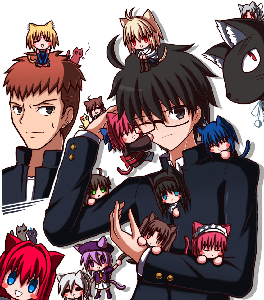 2boys 6+girls absurdres arcueid_brunestud cat ciel_(tsukihime) glasses highres hisui_(tsukihime) inui_arihiko kagetsu_tooya len_(cat)_(tsukihime) len_(tsukihime) melty_blood multiple_boys multiple_girls nanako_(melty_blood) neco-arc neco_spirit noel_(tsukihime) red_hair riesbyfe_stridberg school_uniform sion_eltnam_(type-moon) sion_eltnam_atlasia smoking tohno_akiha tohno_shiki tsukihime white_len_(tsukihime) yumizuka_satsuki zeon132