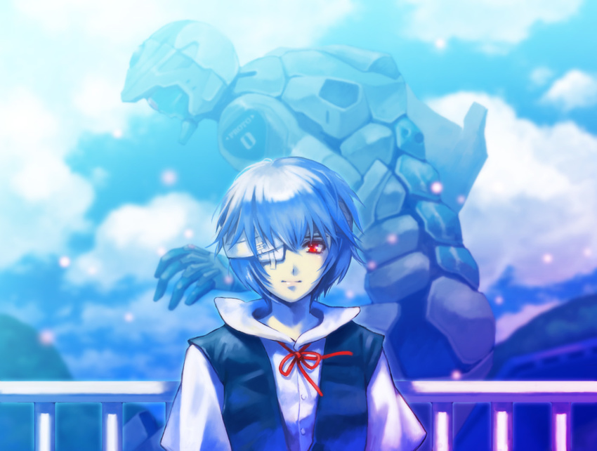 ayanami_rei bandages blue_hair eva_00 neon_genesis_evangelion red_eyes school_uniform solo tetsukuzu_tetsuko