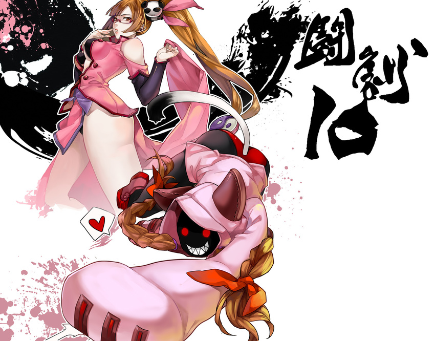 alternate_color bare_shoulders blazblue bra braid cat_tail chinese_clothes cleavage_cutout detached_sleeves finger_to_mouth glasses heart highres lao_jiu lingerie litchi_faye_ling long_hair multiple_girls panties ponytail red_eyes reika_kanata tail taokaka twin_braids underwear very_long_hair wide_hips yellow_eyes