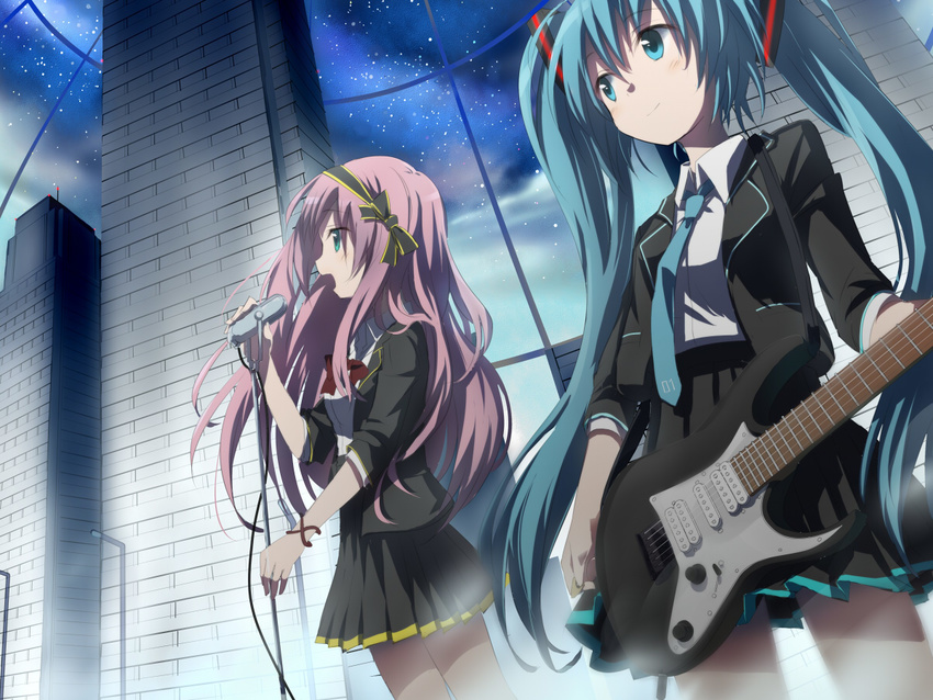 aqua_eyes aqua_hair bow gochou_(atemonai_heya) guitar hair_bow hairband hatsune_miku instrument long_hair megurine_luka microphone microphone_stand multiple_girls music necktie pink_hair singing skirt smile twintails vocaloid