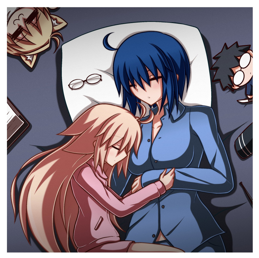 3girls :3 aged_down alternate_costume arcueid_brunestud black_hair blonde_hair blue_hair blue_pajamas breasts character_doll ciel_(tsukihime) doll eco-arc glasses highres knife large_breasts long_hair multiple_girls neco-arc neco_spirit pajamas pillow pink_pajamas short_hair sleeping tohno_shiki tsukihime tsukihime_(remake) zeon132