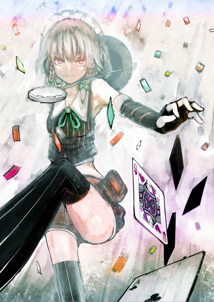 absurdres ace alternate_costume armpits bare_shoulders bow braid card elbow_gloves falling_card fingerless_gloves foreshortening gloves hair_bow highres izayoi_sakuya looking_at_viewer maid_headdress md5_mismatch organ_derwald outstretched_arm playing_card pocket pocket_watch red_eyes short_hair shorts silver_hair solo thighhighs touhou twin_braids watch