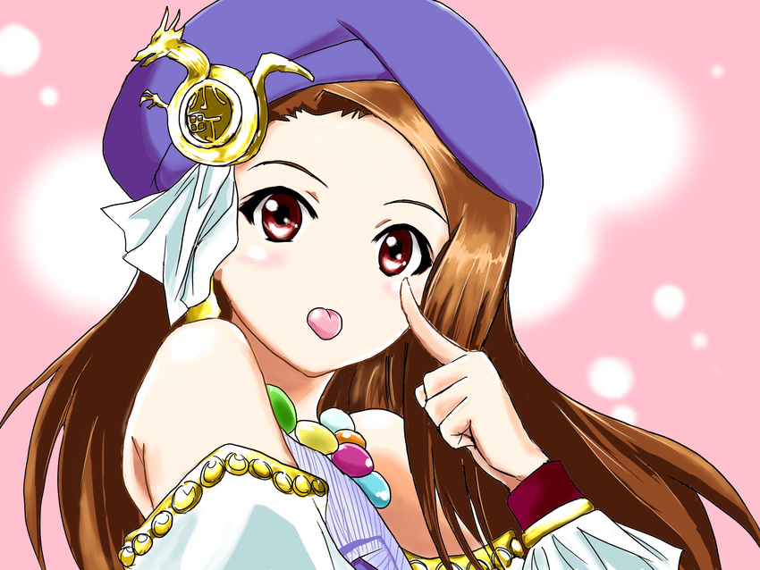 asymmetrical_clothes beret brown_eyes brown_hair dragon dress earrings hat highres idolmaster idolmaster_(classic) idolmaster_2 jewelry long_hair minase_iori necklace no_nose red_eyes ryuuguu_komachi solo tongue uyuu wrist_cuffs