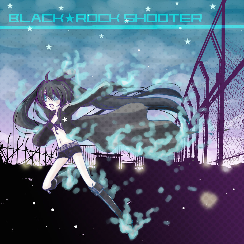 aura bangs belt bikini_top black_hair black_rock_shooter black_rock_shooter_(character) blue_eyes boots chain-link_fence coat fence flat_chest front-tie_top gloves glowing glowing_eyes green_eyes highres hood hooded_jacket jacket knee_boots long_hair midriff navel nishikawa_rina pale_skin short_shorts shorts solo star twintails uneven_twintails very_long_hair zipper