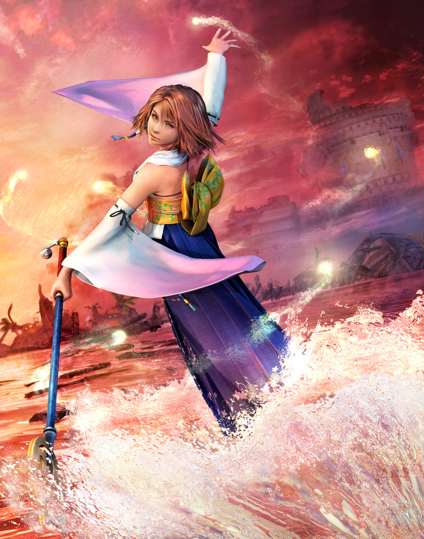 artist_request back bare_shoulders brown_hair detached_sleeves final_fantasy final_fantasy_x hakama highres japanese_clothes looking_back official_art purple_hakama pyrefly solo staff water yuna_(ff10)