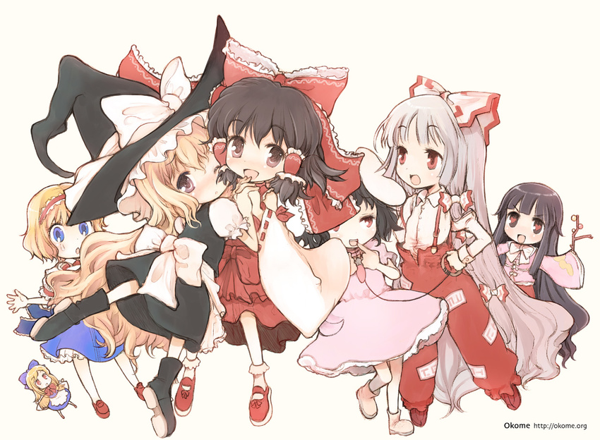 alice_margatroid animal_ears bad_id bad_pixiv_id blonde_hair bunny_ears chibi fujiwara_no_mokou hat holding_hands houraisan_kaguya inaba_tewi kirisame_marisa multiple_girls okome_(ricecandy) shanghai_doll touhou witch_hat