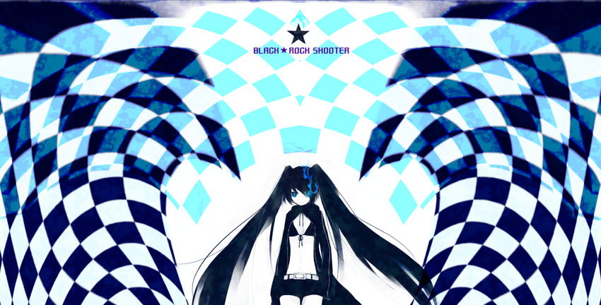 bad_id bad_pixiv_id bangs belt bikini_top black_hair black_rock_shooter black_rock_shooter_(character) blue_eyes burning_eye checkered cloak coat flat_chest front-tie_top gloves hair_over_one_eye highres hood hooded_jacket jacket long_hair midriff navel pale_skin rururara short_shorts shorts solo star twintails uneven_twintails very_long_hair