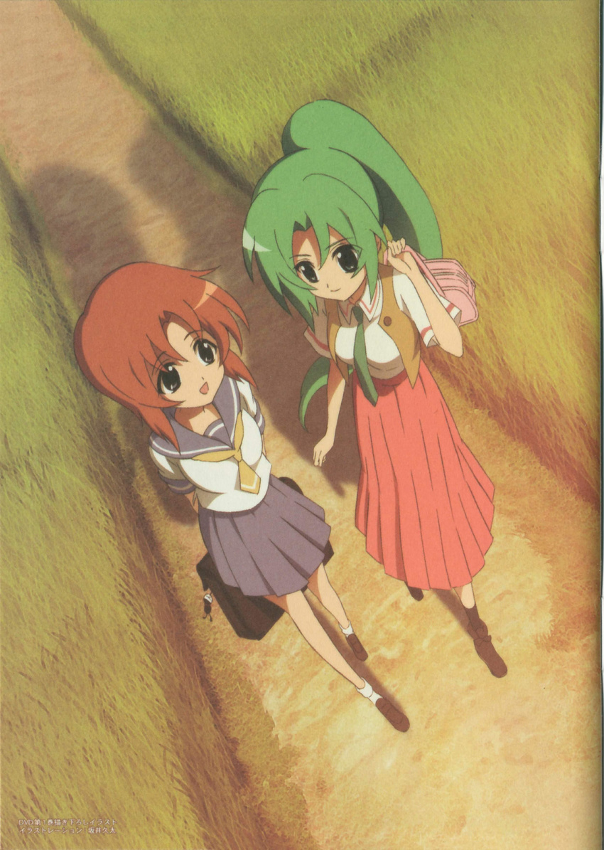 absurdres bag green_hair green_neckwear highres higurashi_no_naku_koro_ni multiple_girls necktie orange_hair outdoors ryuuguu_rena sakai_kyuuta scan school_bag school_uniform serafuku shadow skirt sonozaki_mion walking