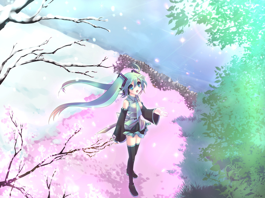 bad_id bad_pixiv_id detached_sleeves green_hair hatsune_miku long_hair petals skirt solo tahya thighhighs tree twintails vocaloid