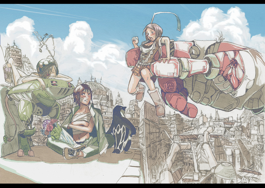 2girls ahoge bandages bird boots building city cloud day flower highres kyan-dog mecha multiple_girls original penguin robot rooftop skirt sky