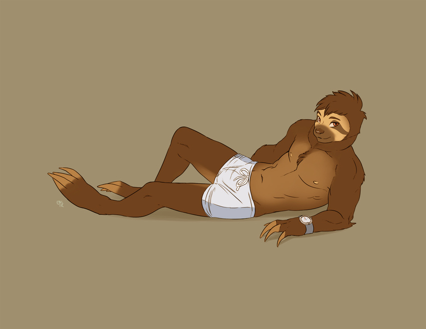 biceps brown_eyes brown_fur bulge claws clothed clothing fur half-dressed looking_at_viewer lying male mistresssparkles muscles nipples nolan on_side pecs pink_pepper pose reclining shorts sloth smile solo topless watch