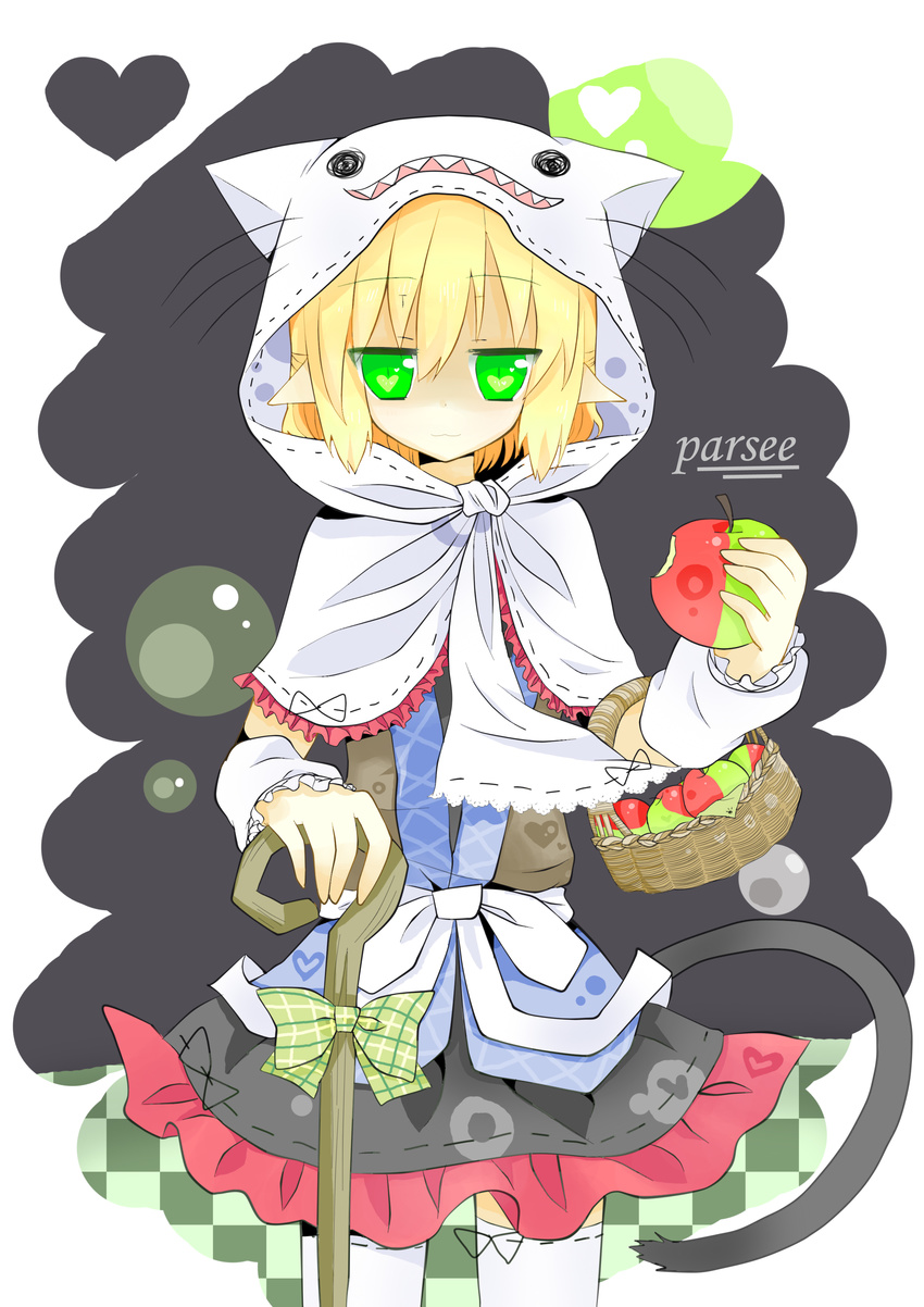 :3 absurdres animal_hood apple arm_warmers basket bitten_apple blonde_hair cane character_name dress food fruit green_apple green_eyes heart heart-shaped_pupils highres hood jitome kouzidaren looking_at_viewer mizuhashi_parsee pointy_ears ribbon sash scarf short_hair skirt solo symbol-shaped_pupils tail thighhighs touhou