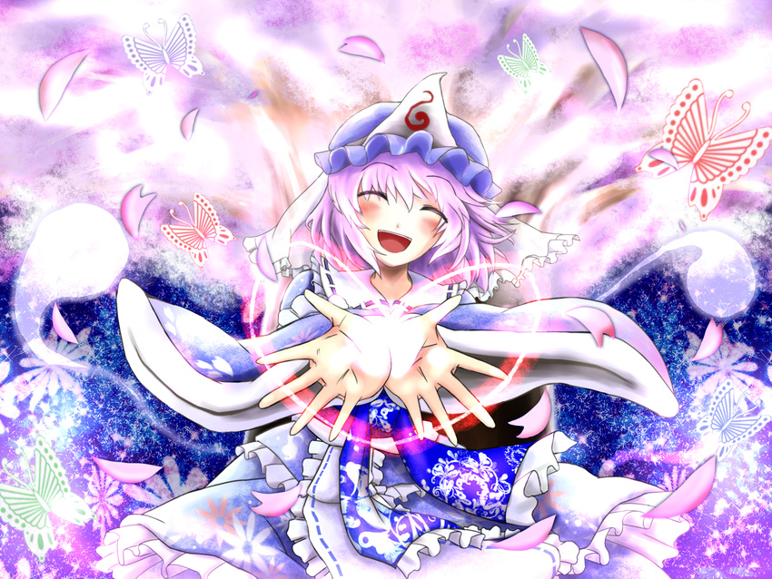 ^_^ bug butterfly closed_eyes hat heart highres insect open_mouth petals pink_hair saigyouji_yuyuko short_hair skirt smile solo tamasan touhou triangular_headpiece