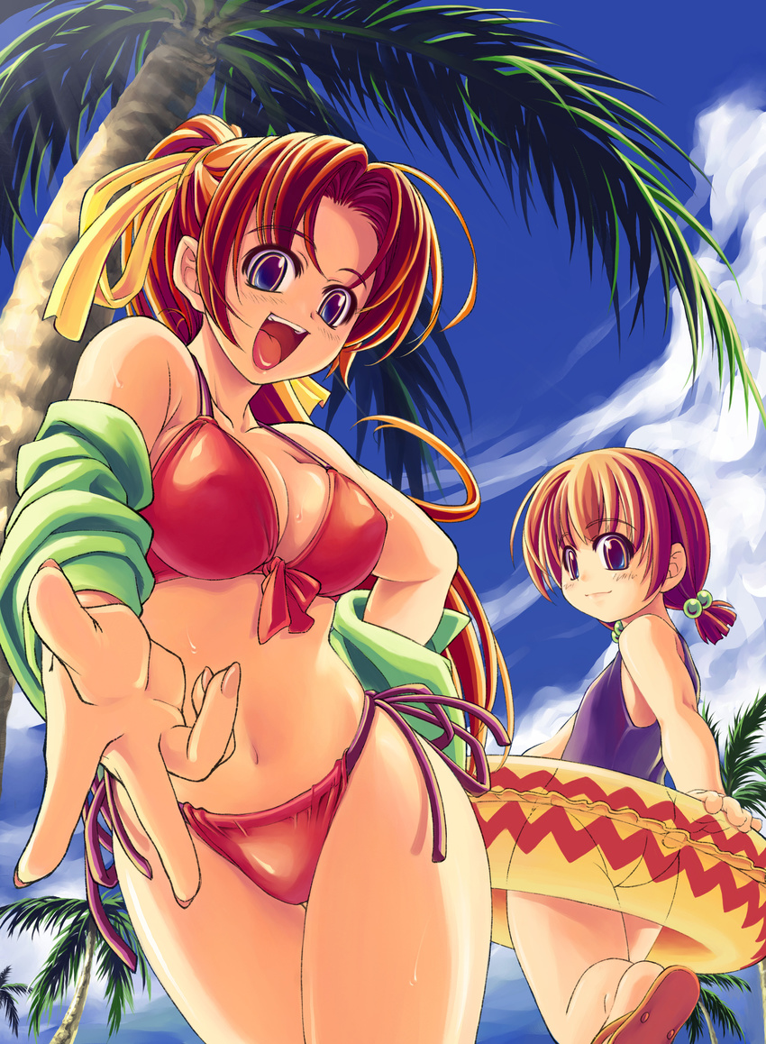 absurdres age_difference ass beach bikini blue_eyes breasts brown_hair cleavage cloud copyright_request day flat_chest foreshortening front-tie_top highres looking_back medium_breasts multiple_girls navel non-web_source one-piece_swimsuit open_mouth outdoors palm_tree ponytail sandals side-tie_bikini small_breasts swimsuit tree xration