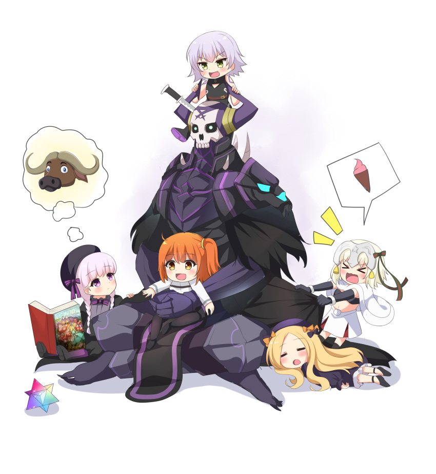 &gt;_&lt; 1boy 5girls :d abigail_williams_(fate/grand_order) absurdres agung_syaeful_anwar armor bangs bare_shoulders bell beret bikini_top black_bikini_top black_bow black_cloak black_dress black_footwear black_gloves black_hat blonde_hair blush book bow braid brown_eyes brown_hair bull capelet chaldea_uniform commentary dress elbow_gloves english_commentary eyebrows_visible_through_hair eyes_closed fate/extra fate/grand_order fate_(series) food forehead fujimaru_ritsuka_(male) gloves glowing glowing_eyes gothic_lolita green_bow green_eyes green_ribbon hair_bow hat headpiece highres ice_cream ice_cream_cone jack_the_ripper_(fate/apocrypha) jacket jeanne_d'arc_(fate)_(all) jeanne_d'arc_alter_santa_lily king_hassan_(fate/grand_order) knife_in_head legs_crossed lolita_fashion long_hair low_twintails lying multiple_girls nursery_rhyme_(fate/extra) on_lap on_stomach one_side_up open_book open_mouth orange_bow parted_bangs pink_hair ribbon saint_quartz shirt shoe_soles shoes shoulder_tattoo silver_hair skull sleeping sleeveless sleeveless_shirt smile soft_serve spikes spoken_object striped striped_bow striped_ribbon tattoo twin_braids twintails uniform very_long_hair wavy_mouth white_background white_capelet white_dress white_jacket