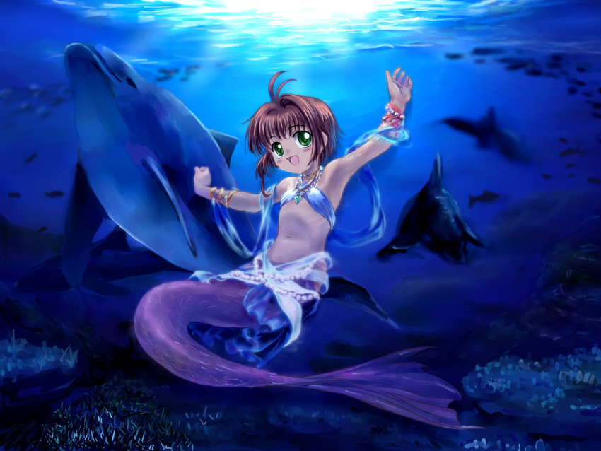 1girl brown_hair card_captor_sakura child dolphin flat_chest green_eyes highres jewelry kinomoto_sakura mermaid monster_girl mutsuki_(moonknives) necklace short_hair solo underwater water