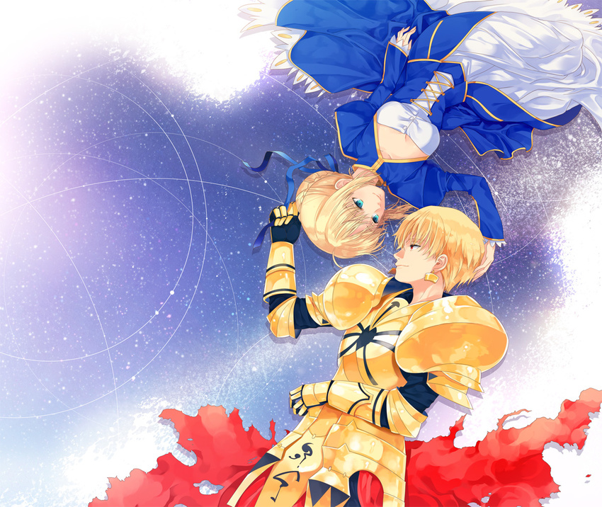 1girl ahoge armor arnoul artoria_pendragon_(all) blonde_hair dress earrings fate/zero fate_(series) gilgamesh hair_ribbon jewelry red_eyes ribbon saber