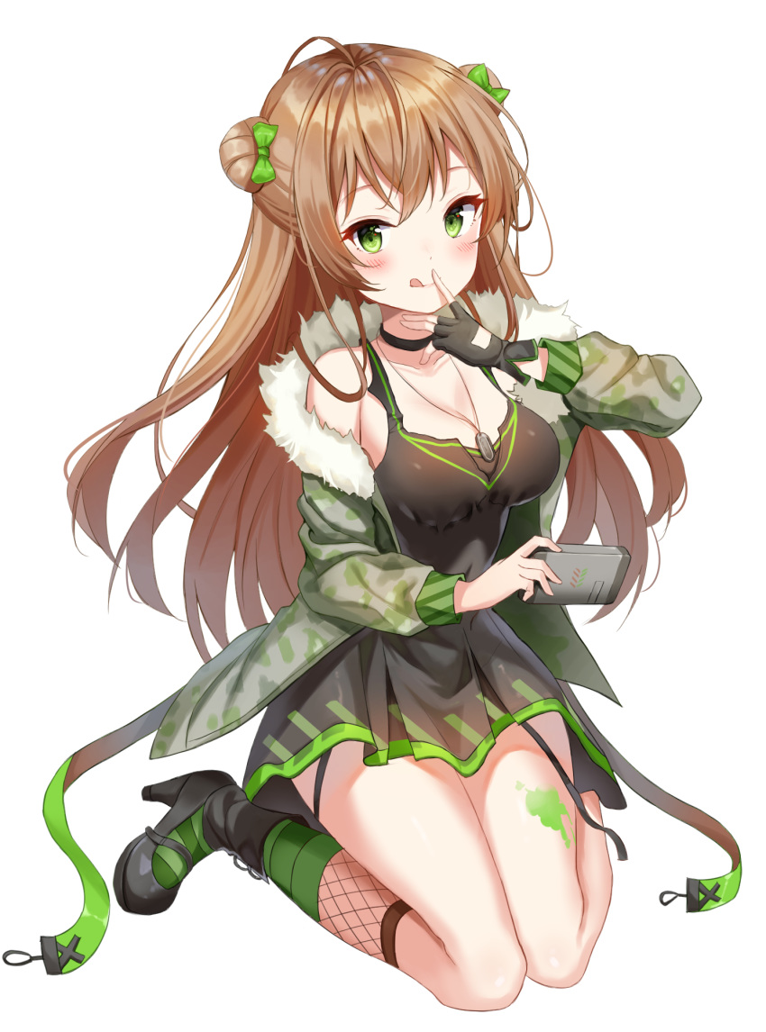 1girl :q bangs black_choker black_dress black_footwear black_gloves blush bow breasts brown_hair camouflage_jacket choker cleavage closed_mouth collarbone commentary dog_tags double_bun dress full_body fur_collar girls_frontline gloves green_bow green_eyes hair_bow half_updo high_heels highres holding jacket legs_up long_hair long_sleeves looking_at_viewer medium_breasts niji_(rudduf232) off_shoulder open_clothes open_jacket rfb_(girls_frontline) sidelocks simple_background single_glove sleeveless sleeveless_dress solo thighs tongue tongue_out white_background