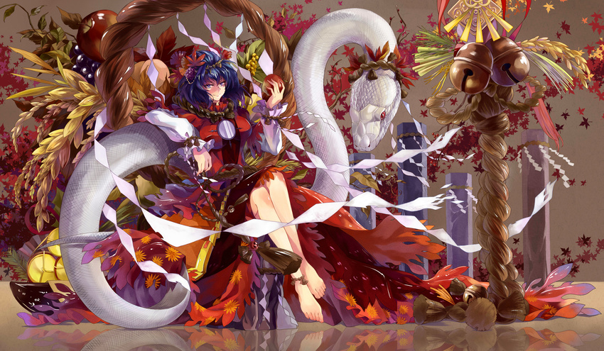 anklet apple autumn_leaves barefoot basket bell blue_eyes blue_hair food fruit grapes highres holding jewelry looking_at_viewer neko_(yanshoujie) rope shimenawa sitting snake solo touhou yasaka_kanako