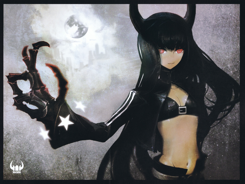 black_gold_saw black_rock_shooter glowing glowing_eyes highres horns huke long_hair midriff navel red_eyes shorts solo