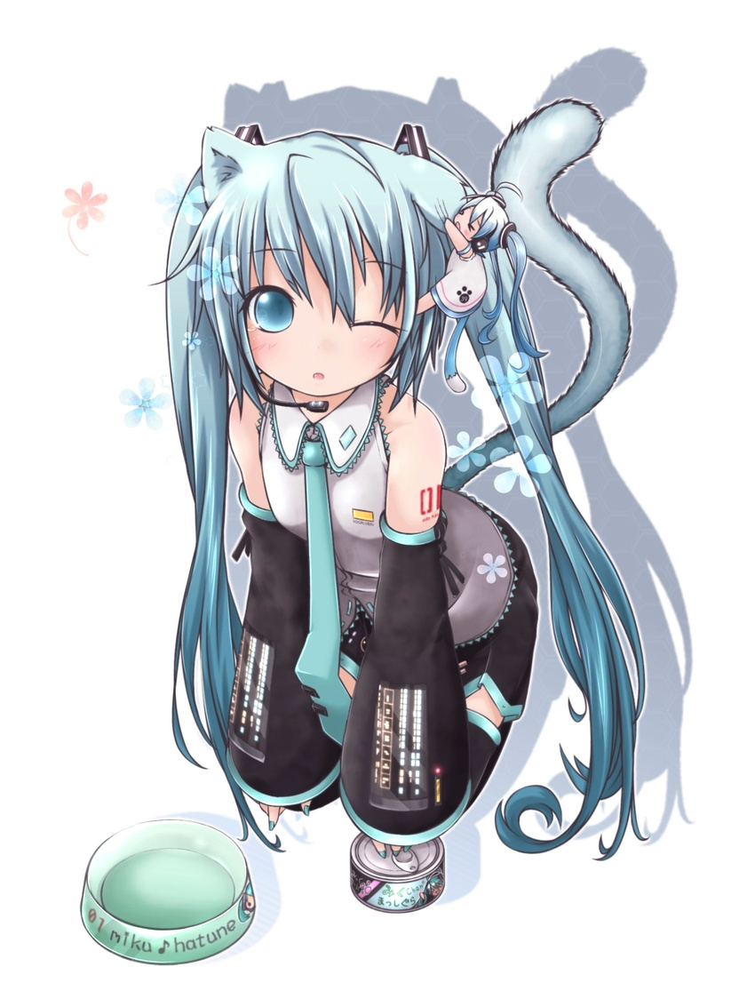 akino_coto animal_ears aqua_eyes aqua_hair bowl can canned_food cat_ears cat_tail hatsune_miku highres kemonomimi_mode long_hair looking_at_viewer md5_mismatch minigirl open_mouth pet_bowl simple_background solo tail twintails very_long_hair vocaloid wince