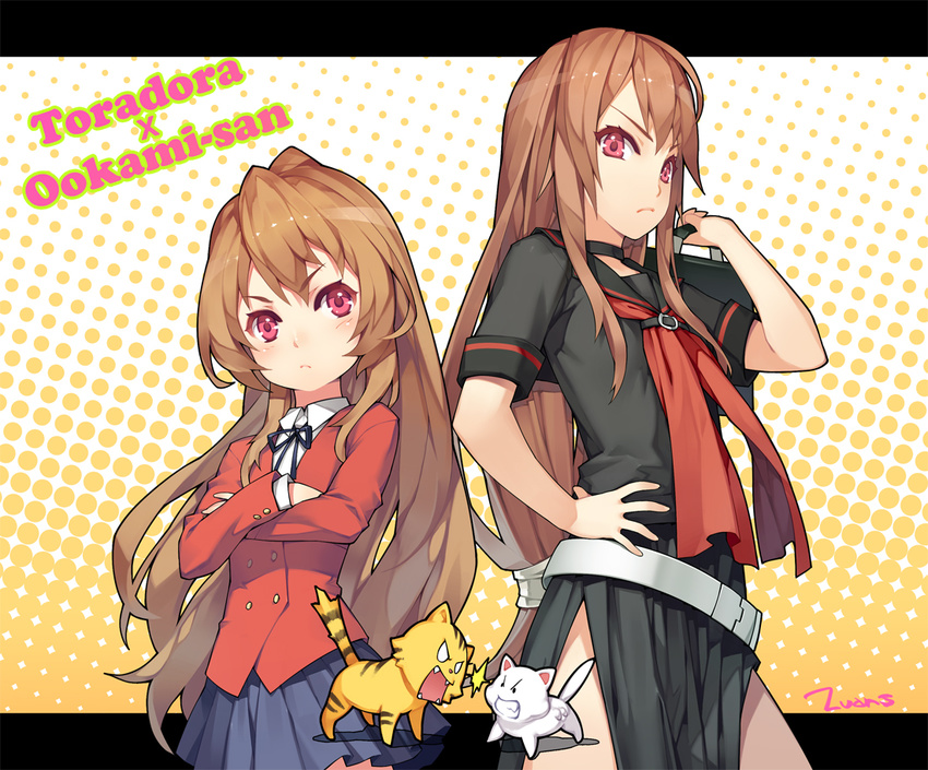 aisaka_taiga belt blush brown_hair company_connection crossed_arms crossover flat_chest halftone halftone_background long_hair looking_at_viewer lvans multiple_girls ookami-san ookami_ryouko palmtop_tiger red_eyes school_uniform skirt toradora! trait_connection very_long_hair