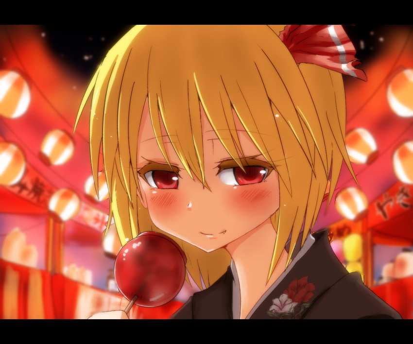 alternate_costume blonde_hair blurry blush candy_apple depth_of_field fang festival floral_print food food_stand hair_ribbon japanese_clothes kimono lantern letterboxed light_particles light_smile looking_at_viewer night night_sky portrait red_eyes ribbon rumia short_hair sky solo takorice touhou