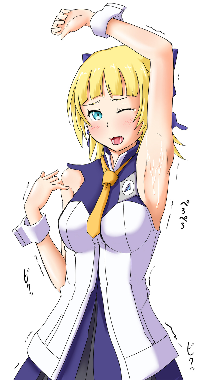 arm_up armpits blonde_hair blue_eyes cum cum_on_armpit cum_on_body cum_on_upper_body eureka_seven_(series) eureka_seven_ao fleur_blanc highres rabinidaddo raised_arm saliva tears trembling wince