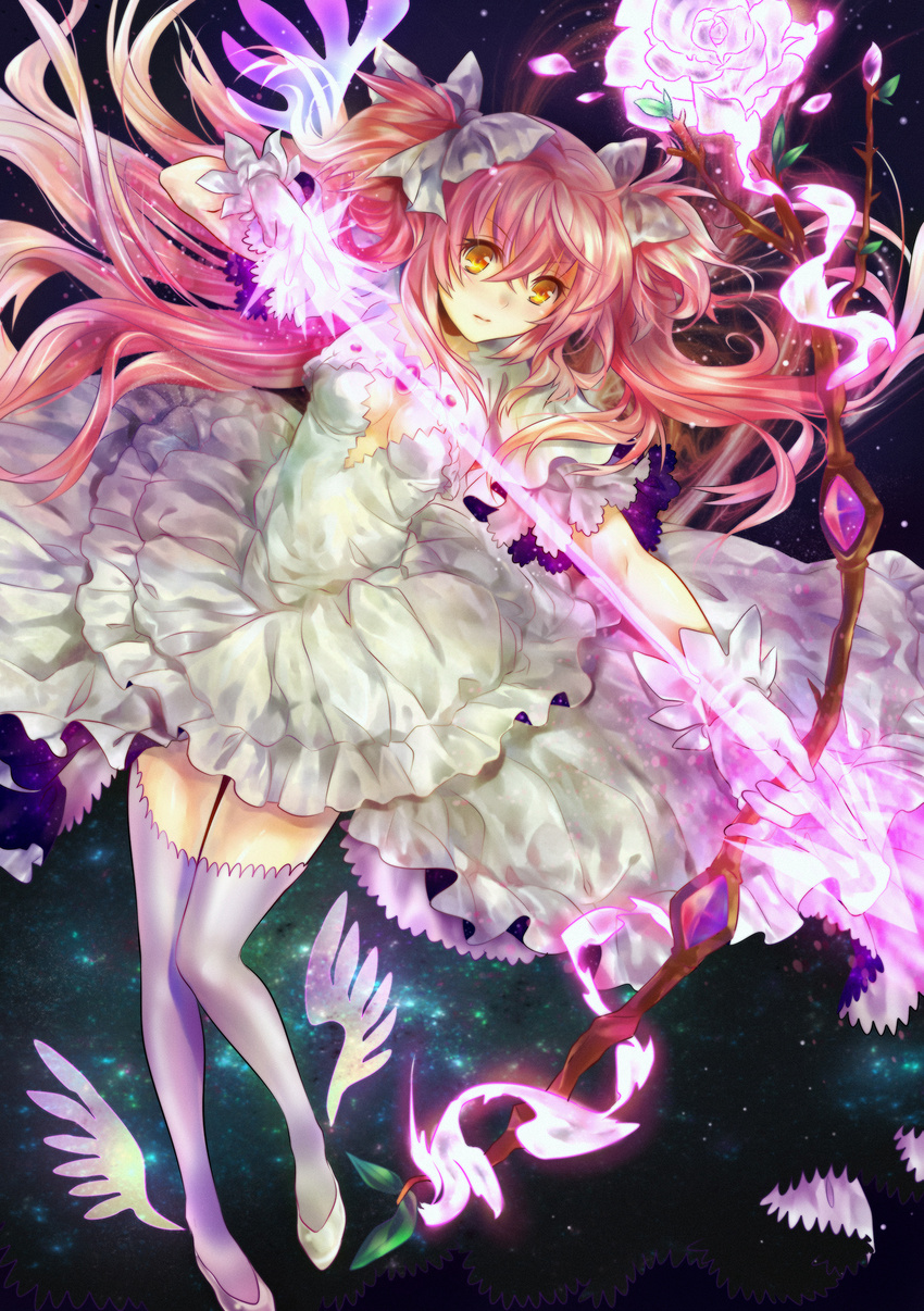aiming ankle_wings arrow bow_(weapon) drawing_bow dress gloves highres holding holding_arrow holding_bow_(weapon) holding_weapon kaname_madoka long_hair madogawa magical_girl mahou_shoujo_madoka_magica outstretched_arm pink_hair pink_legwear solo spoilers thighhighs two_side_up ultimate_madoka weapon white_dress white_gloves yellow_eyes