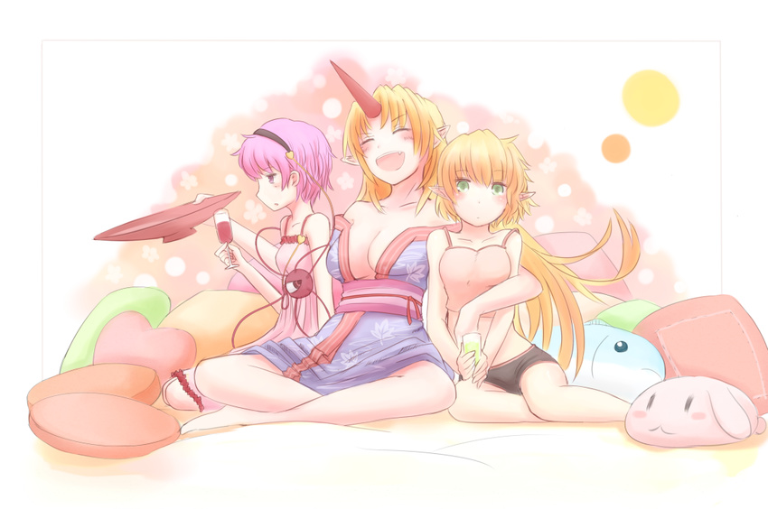 blonde_hair blush breasts camisole cleavage closed_eyes green_eyes horn hoshiguma_yuugi kokotetsu komeiji_satori large_breasts long_hair midriff mizuhashi_parsee multiple_girls navel open_mouth pillow pink_eyes pink_hair pointy_ears red_eyes sitting smile touhou yuri