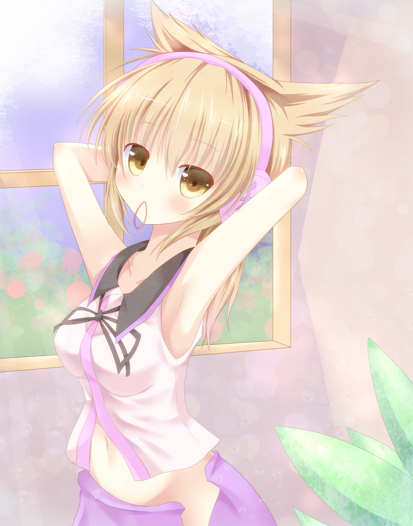 aibumi animal_ears armpits arms_up bad_id bad_pixiv_id blonde_hair headphones highres mouth_hold skirt solo touhou toyosatomimi_no_miko window yellow_eyes