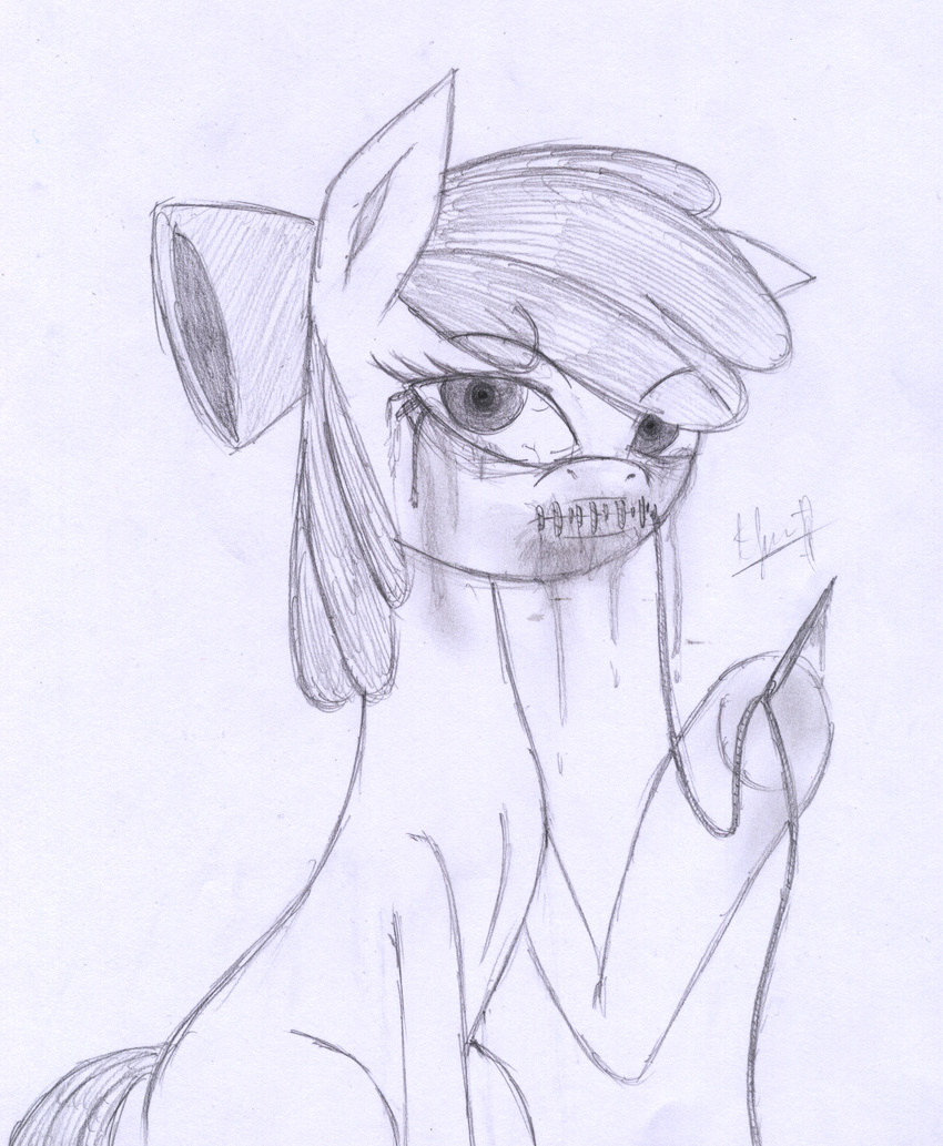 2012 apple_bloom_(mlp) blood bow crying cub efrejok equine female feral friendship_is_magic horse looking_at_viewer mammal monochrome my_little_pony needle plain_background pony sewing simple_background sitting sketch solo tears thread white_background young