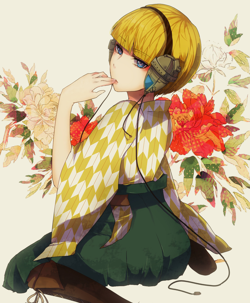 bangs blonde_hair blue_eyes boots brown_footwear cable cross-laced_footwear finger_to_mouth floral_background flower from_side green_hakama hakama headphones highres japanese_clothes kamitsure_(pokemon) knee_boots lace-up_boots lgw7 meiji_schoolgirl_uniform peony_(flower) plug pokemon pokemon_(game) pokemon_bw short_hair sitting solo wariza yagasuri