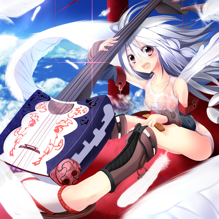 :d bare_shoulders blush collarbone fang highres instrument knee_pads long_hair looking_at_viewer one-piece_swimsuit open_mouth original school_swimsuit see-through shamisen sitting smile sukage swimsuit very_long_hair wet
