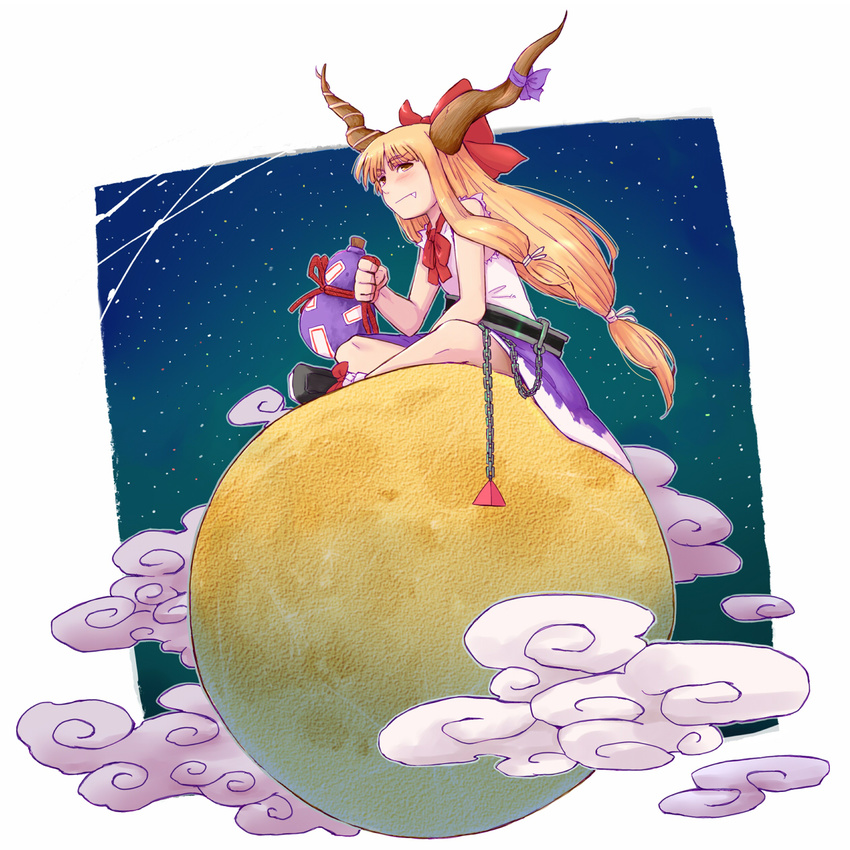 blonde_hair brown_eyes chain cloud daitai_konna_kanji full_moon gourd grin highres holding horns ibuki_suika long_hair moon sitting smile solo touhou