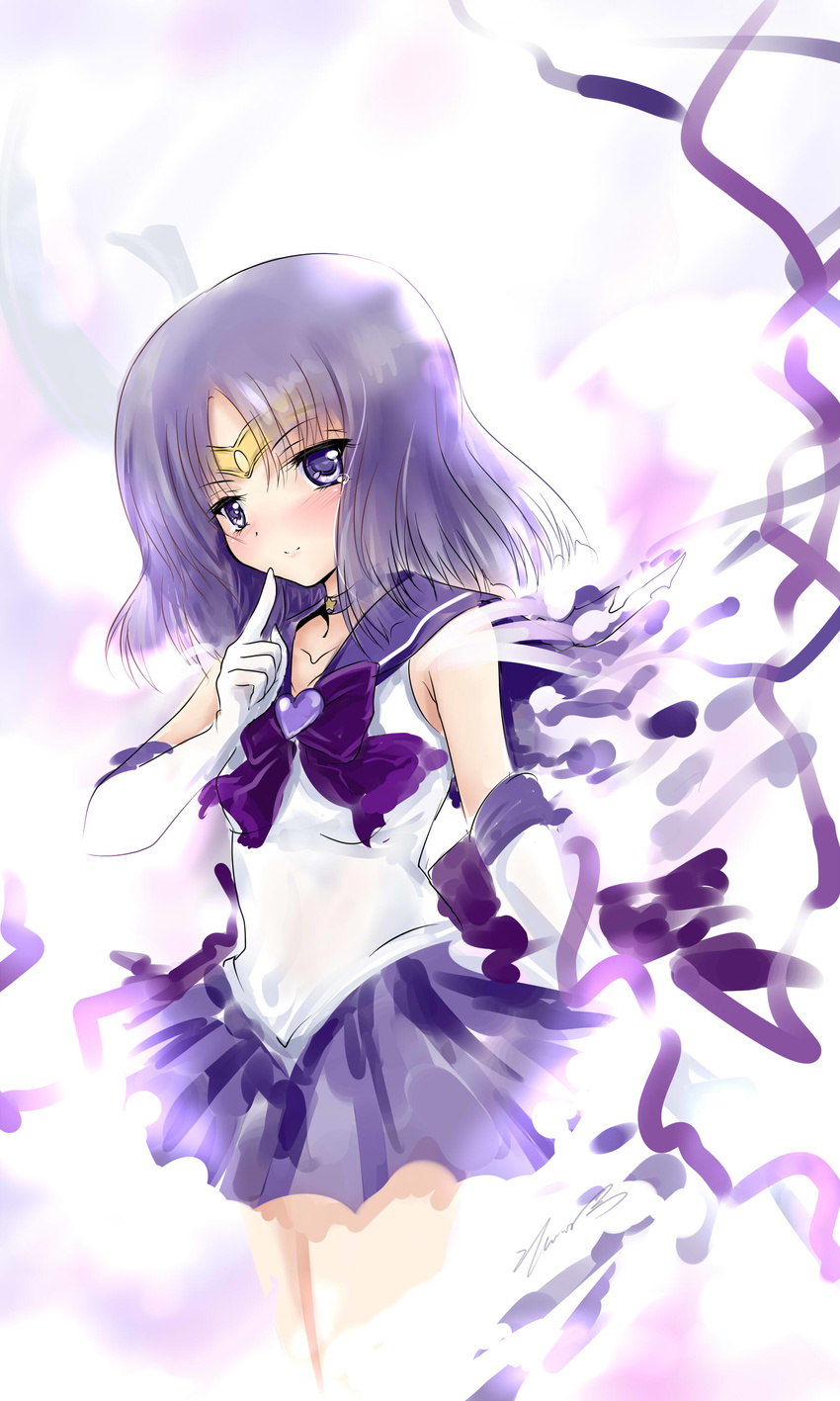 absurdres back_bow bishoujo_senshi_sailor_moon bow choker eatbara gloves highres magical_girl pointing purple_bow purple_eyes purple_hair purple_sailor_collar purple_skirt ribbon sailor_collar sailor_saturn sailor_senshi_uniform short_hair sketch skirt smile solo star star_choker super_sailor_saturn tiara tomoe_hotaru white_gloves