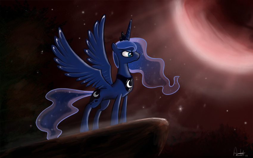 abstract_background aeronjvl blue_eyes cliff cutie_mark eclipse equine female feral friendship_is_magic hair horn horse mammal moon my_little_pony pony princess_luna_(mlp) purple_hair solo winged_unicorn wings