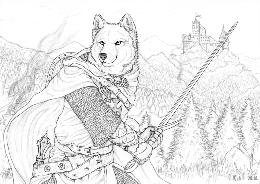 anthro armor canine castle forest greyscale male mammal monochrome pose qzurr smirk solo templar tree wolf wood
