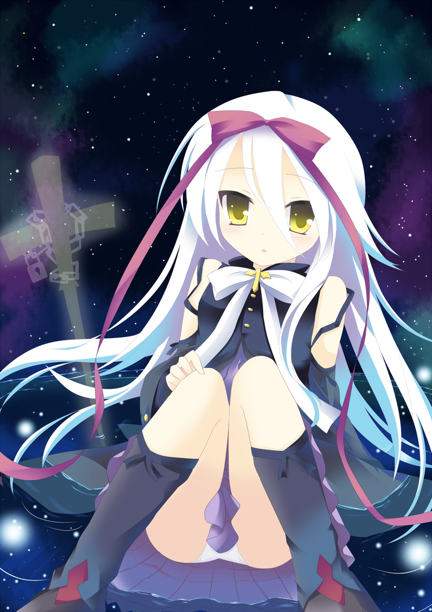 bad_id bad_pixiv_id bare_shoulders chain cross hair_ribbon highres hoshizora_no_memoria lock long_hair mare_s_ephemeral multicolored_hair nibiiro_shizuka panties pantyshot pantyshot_(sitting) ribbon sitting skirt sky solo star_(sky) starry_sky underwear white_hair white_panties yellow_eyes