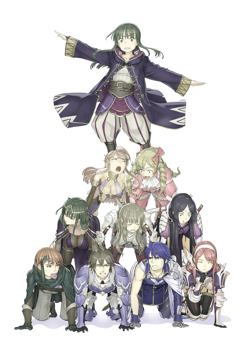 6+girls :o absurdres all_fours armor bad_id bad_pixiv_id balancing bangs barefoot black_hair blonde_hair blunt_bangs bodysuit braid breastplate breasts brown_eyes brown_hair candy choker cleavage clenched_teeth closed_eyes covered_nipples dress elbow_gloves female_my_unit_(fire_emblem:_kakusei) fire_emblem fire_emblem:_kakusei food food_in_mouth frederik_(fire_emblem) frills gaia_(fire_emblem) gloves green_eyes green_hair hairband headband highres human_pyramid jpeg_artifacts krom lollipop mariabel_(fire_emblem) medium_breasts mouth_hold multiple_boys multiple_girls my_unit_(fire_emblem:_kakusei) nakabayashi_reimei olivia_(fire_emblem) one_eye_closed open_mouth pyramid sairi_(fire_emblem) serge_(fire_emblem) sheath sheathed skin_tight striped sumia surprised sword teeth tharja thighhighs twin_braids two_side_up weapon