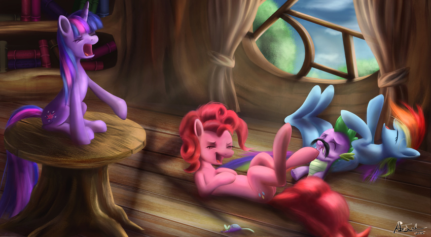 aeronjvl book cutie_mark detailed_background dragon equine eyes_closed facial_hair female feral friendship_is_magic hair hi_res horn horse laugh lying male mammal mouse multi-colored_hair mustache my_little_pony on_back open_mouth pegasus pink_hair pinkie_pie_(mlp) pony purple_hair rainbow_dash_(mlp) rainbow_hair rodent spike_(mlp) table twilight_sparkle_(mlp) unicorn window wings