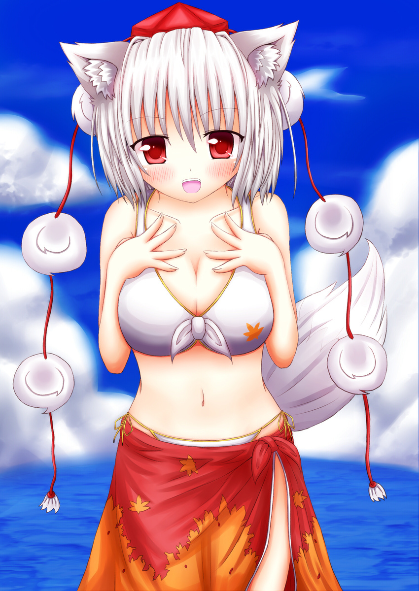 animal_ears banned_artist bare_shoulders bikini blue_sky blush cloud day hands_on_own_chest hat highres inubashiri_momiji leaf looking_at_viewer maple_leaf navel ocean oohirakeisuke open_mouth red_eyes sarong short_hair silver_hair sky smile solo swimsuit tail tokin_hat touhou upper_body white_bikini wolf_ears wolf_tail