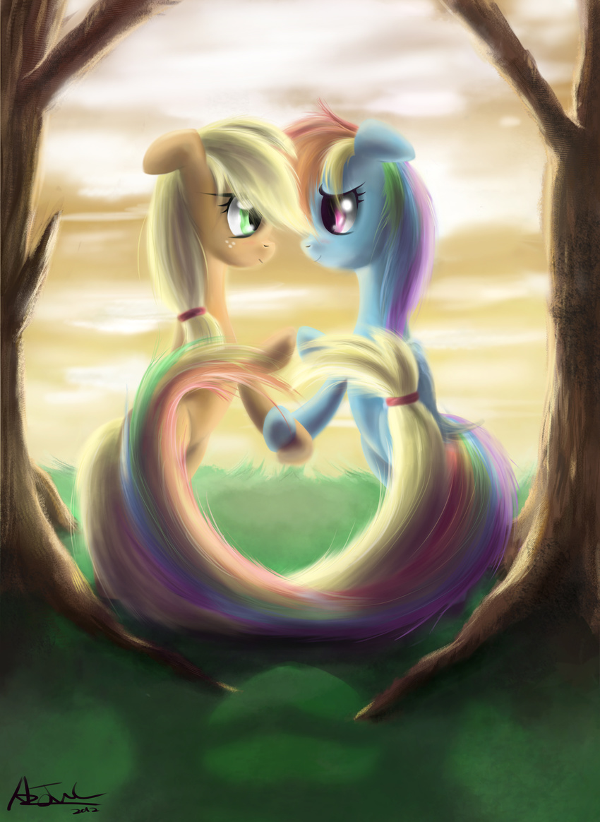 &lt;3 absurd_res aeronjvl applejack_(mlp) blonde_hair blush cloud clouds couple detailed_background duo equine eye_contact female feral friendship_is_magic grass green_eyes hair hi_res horse lesbian mammal multi-colored_hair my_little_pony pegasus pink_eyes pony rainbow_dash_(mlp) rainbow_hair scenery smile tree wings wood