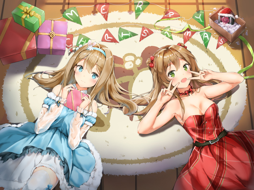 2girls absurdres ahoge alternate_costume bangs bare_shoulders belt blue_dress blue_eyes blush bow bowtie breasts brown_hair buckle carpet choker christmas cleavage closed_mouth collarbone detached_sleeves double_bun double_v dress eyebrows_visible_through_hair fur-trimmed_dress fur_trim gift girls_frontline green_eyes hair_between_eyes hair_bow hair_ornament hairband highres holding holding_gift huge_filesize knee_up layered_dress long_hair looking_at_viewer lying medium_breasts merry_christmas multiple_girls on_back open_mouth qoray7 red_bow red_dress rfb_(girls_frontline) sidelocks smile snowflake_hair_ornament strapless strapless_dress suomi_(girls_frontline) suomi_kp31_(girls_frontline) tagme_(artist) thighhighs v white_legwear